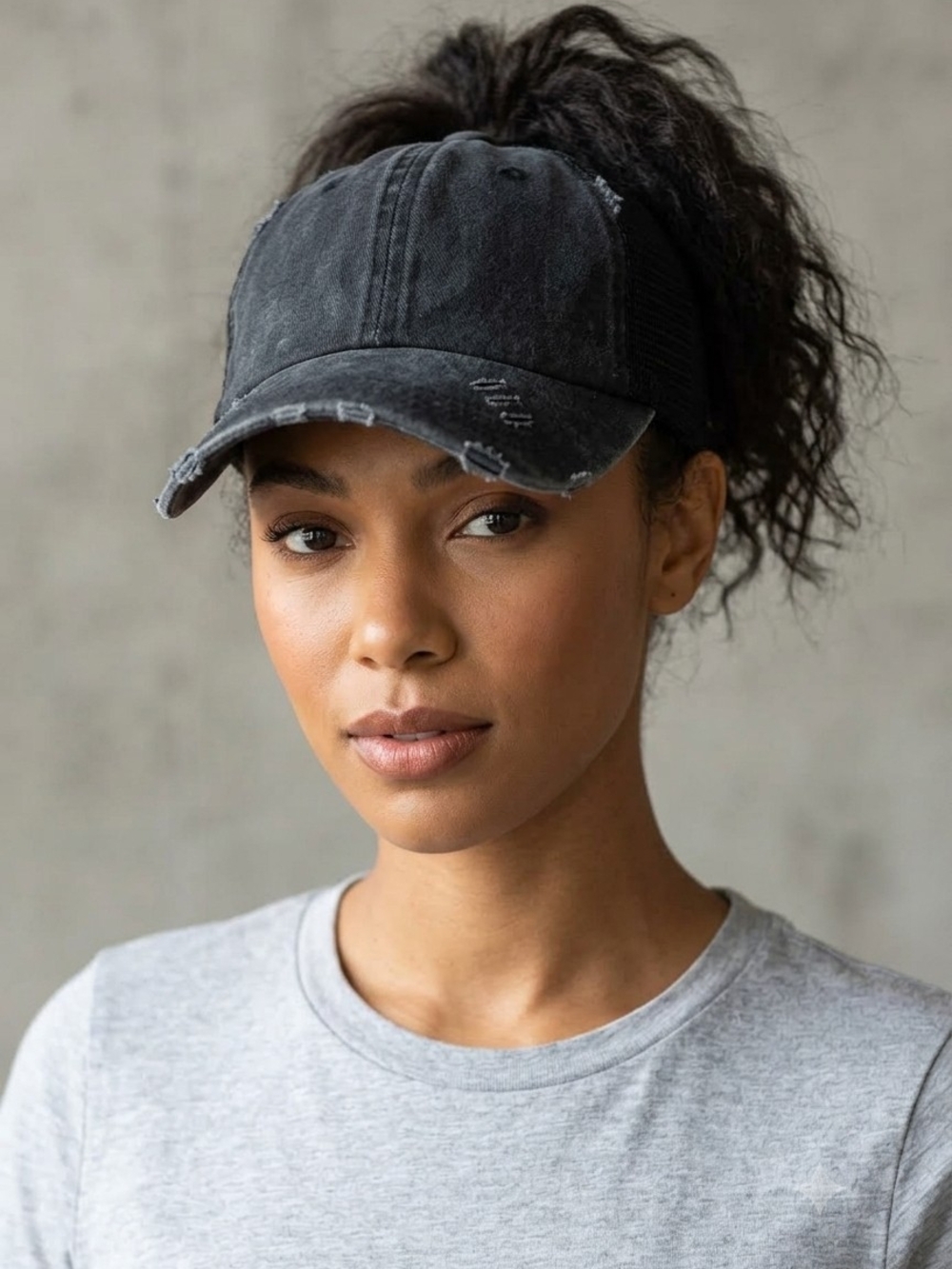Washed Blue Distressed Ponytail Cap